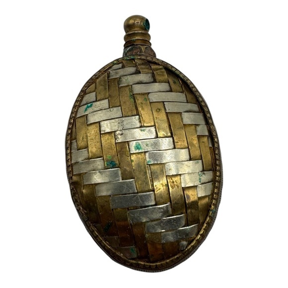 Jewelry - Antique Brass and Silver toned Inlay Pendant, Woven Design, Handcrafted, 2”‎